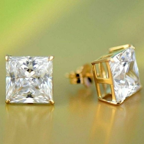 14k Yellow Gold Heavy Basket Princess Cut White Cubic Zirconia Stud Earrings 5mm - Picture 10 of 10